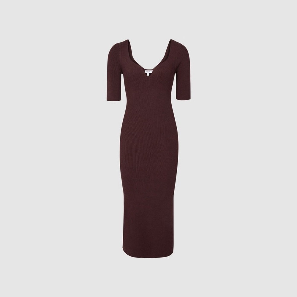 Reiss Olivia Sweetheart Neck Ribbed Midi Dress Women’s Small EUC Burgundy
